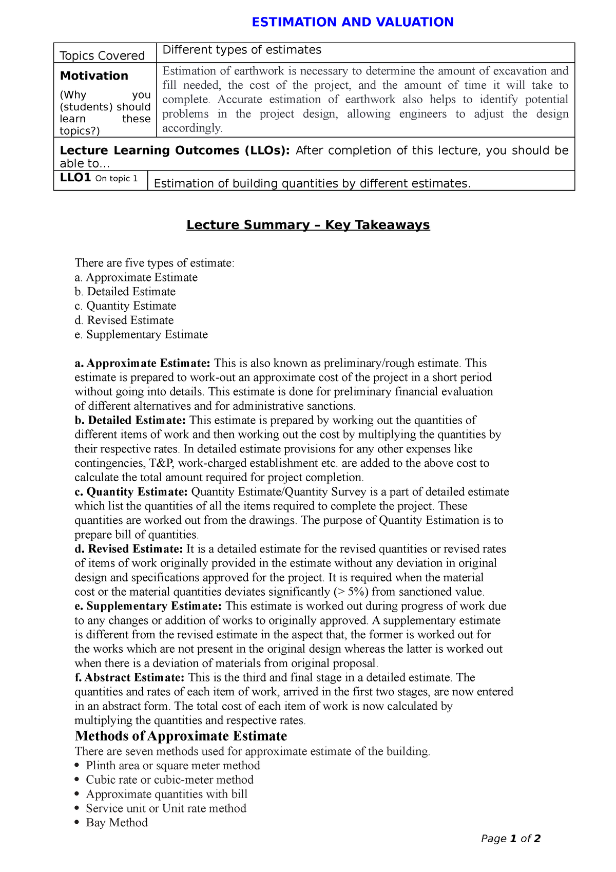 Different types of estimates - ESTIMATION AND VALUATION Topics Covered ...