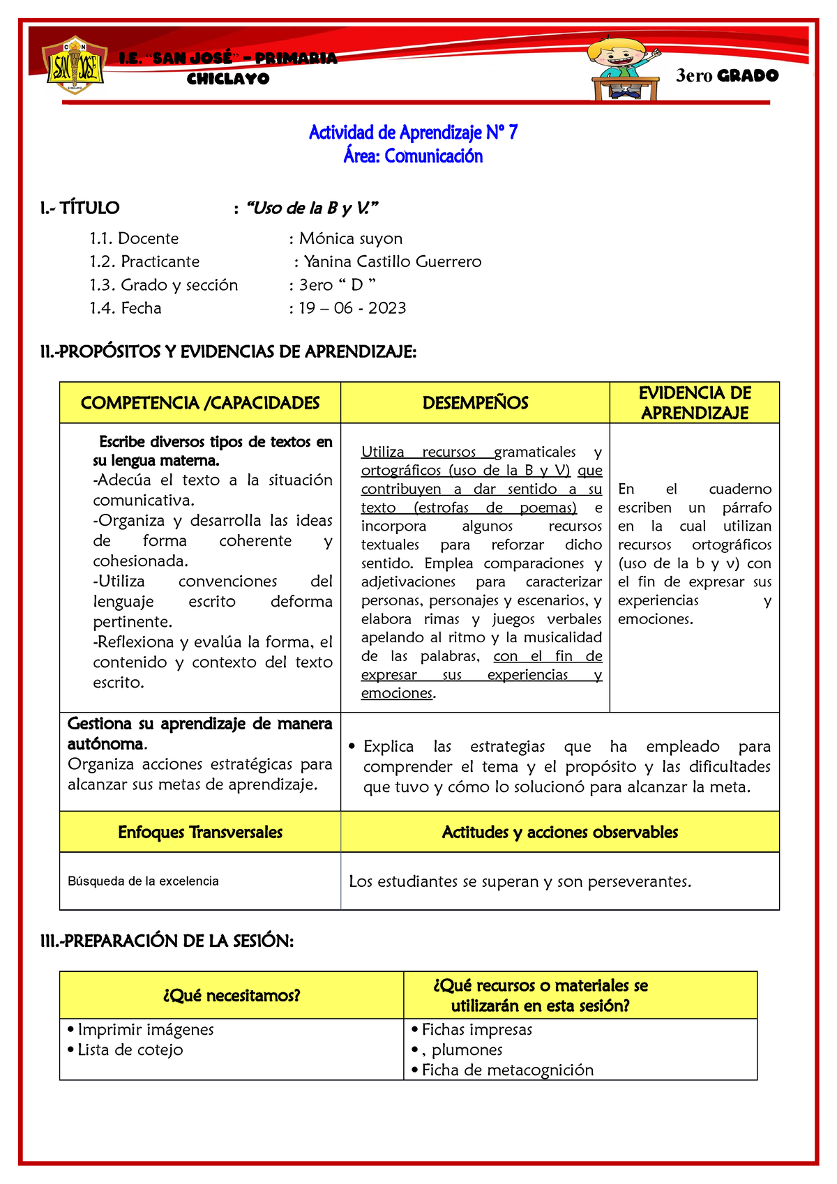 Sesion Del Uso De La B Y V 3 Grado - 3ero GRADO CHICLAYO Actividad De ...