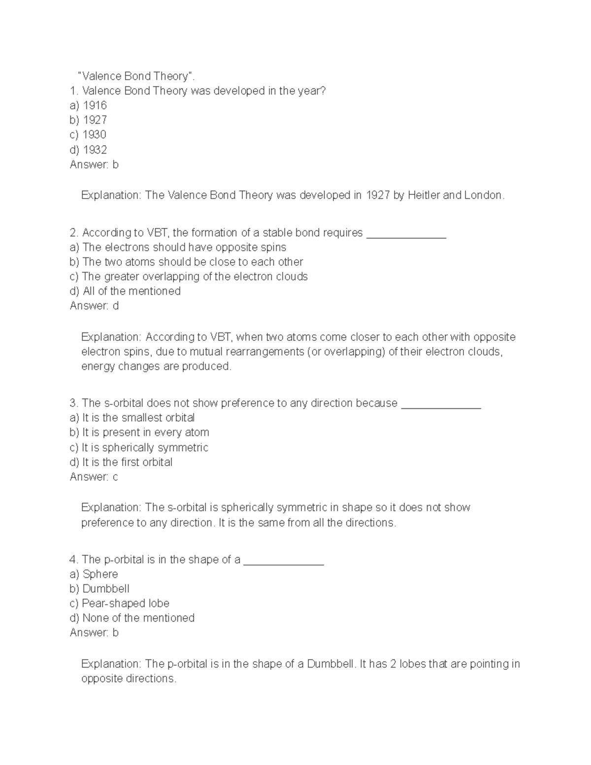 Engineering Chemistry Valence Bond Theory Valence Bond Theory Was