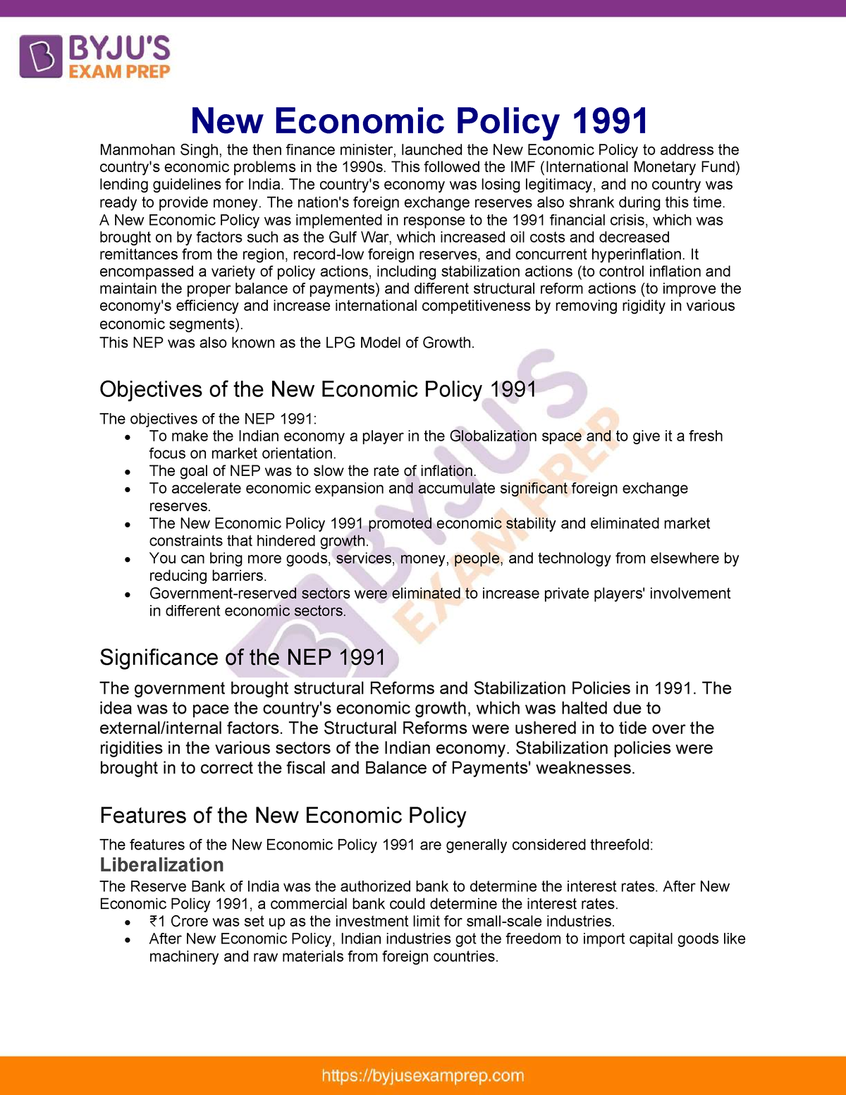 new economic policy 1991 assignment