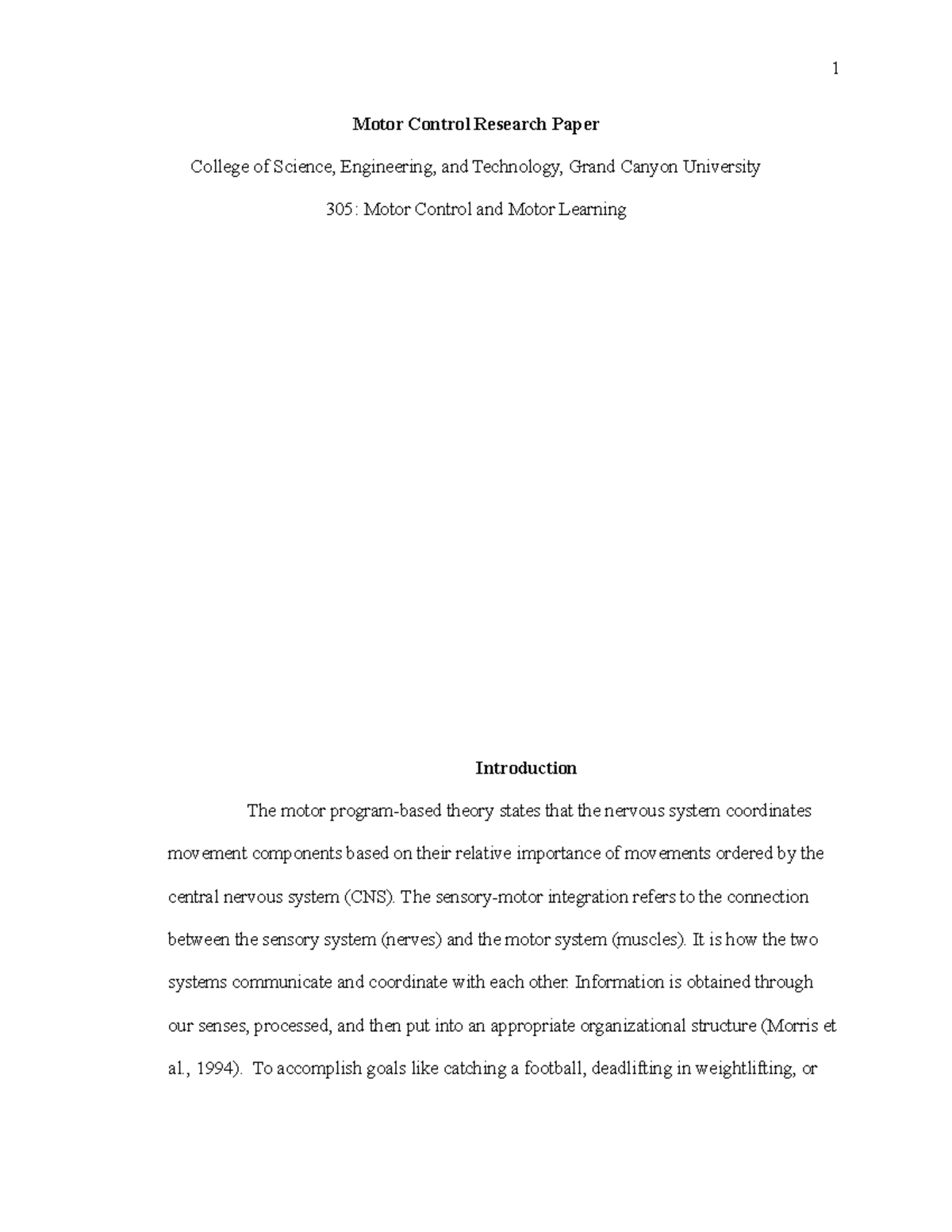 Essay Motor Control Research Paper College of Science, Engineering