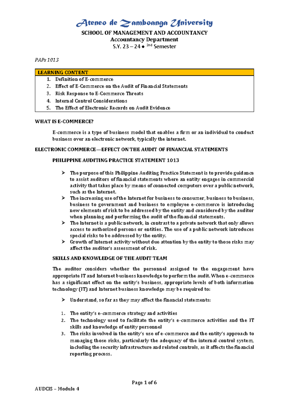 Audcis-Module-4 - Audcis-Module-4 - SCHOOL OF MANAGEMENT AND ...