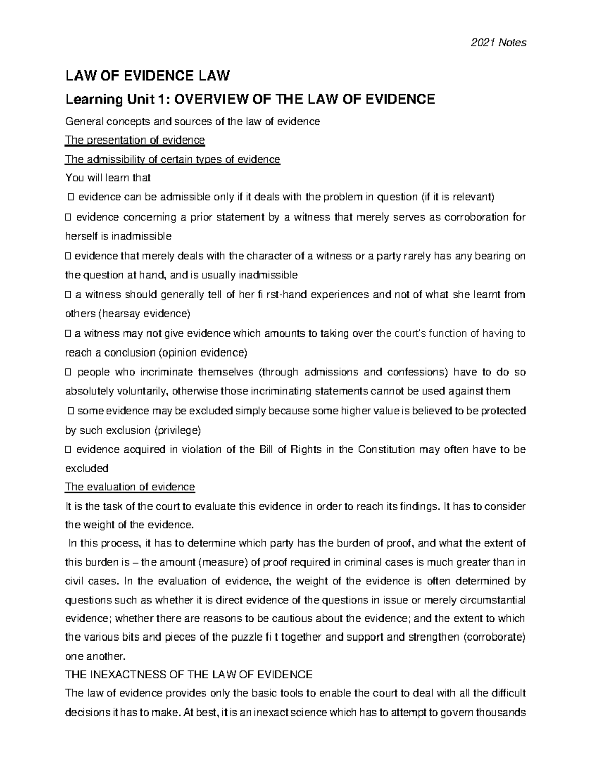 LAW OF Evidence Notes - LEV3701 previous exam MCQs exam prep 2020 - LAW ...