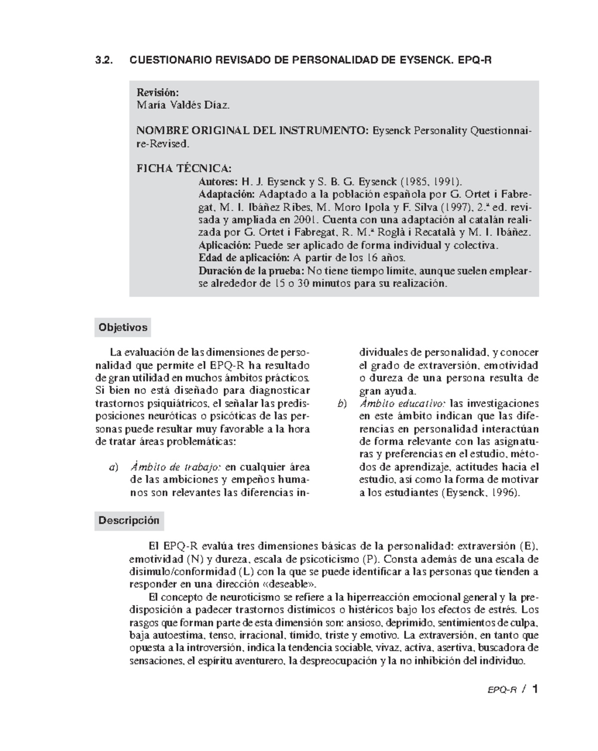 Seccion 3 2 - EPQ-R / 1 CUESTIONARIO REVISADO DE PERSONALIDAD DE ...