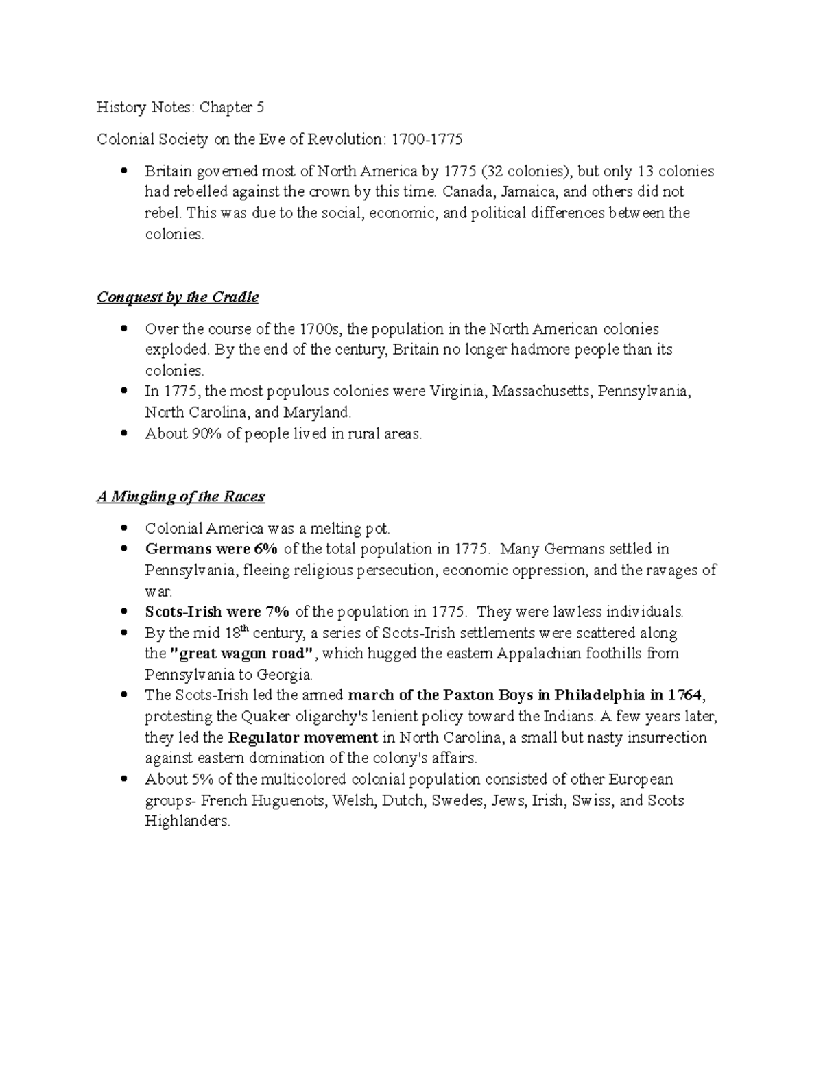 History Notes Ch 5 - History Notes: Chapter 5 Colonial Society On The ...