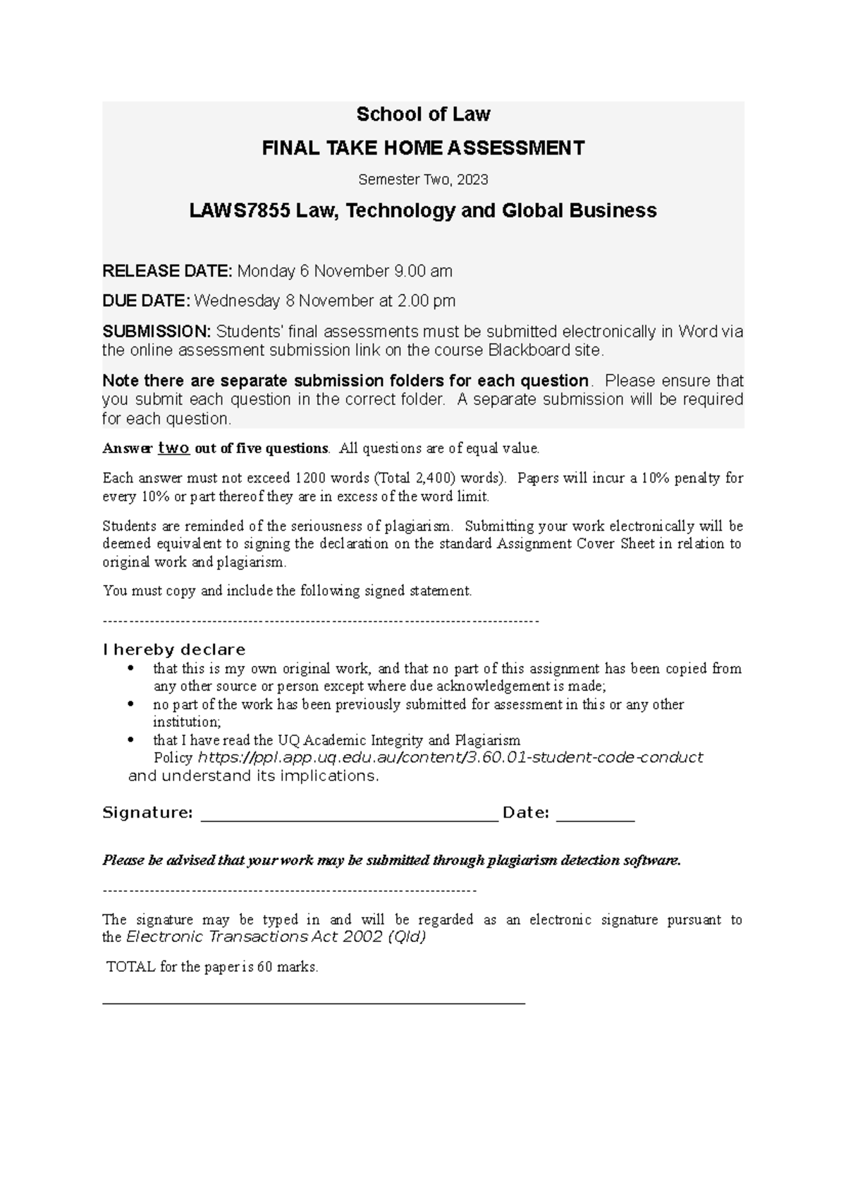 Take Home Assessment 2023 LAWS7855 School of Law FINAL TAKE HOME