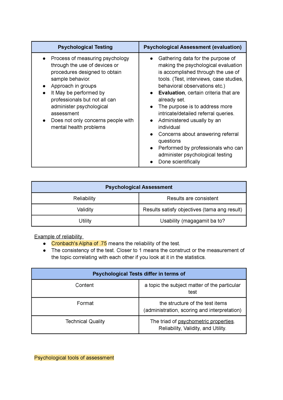 Psych Assessment Notes - Psychological Testing Psychological Assessment ...