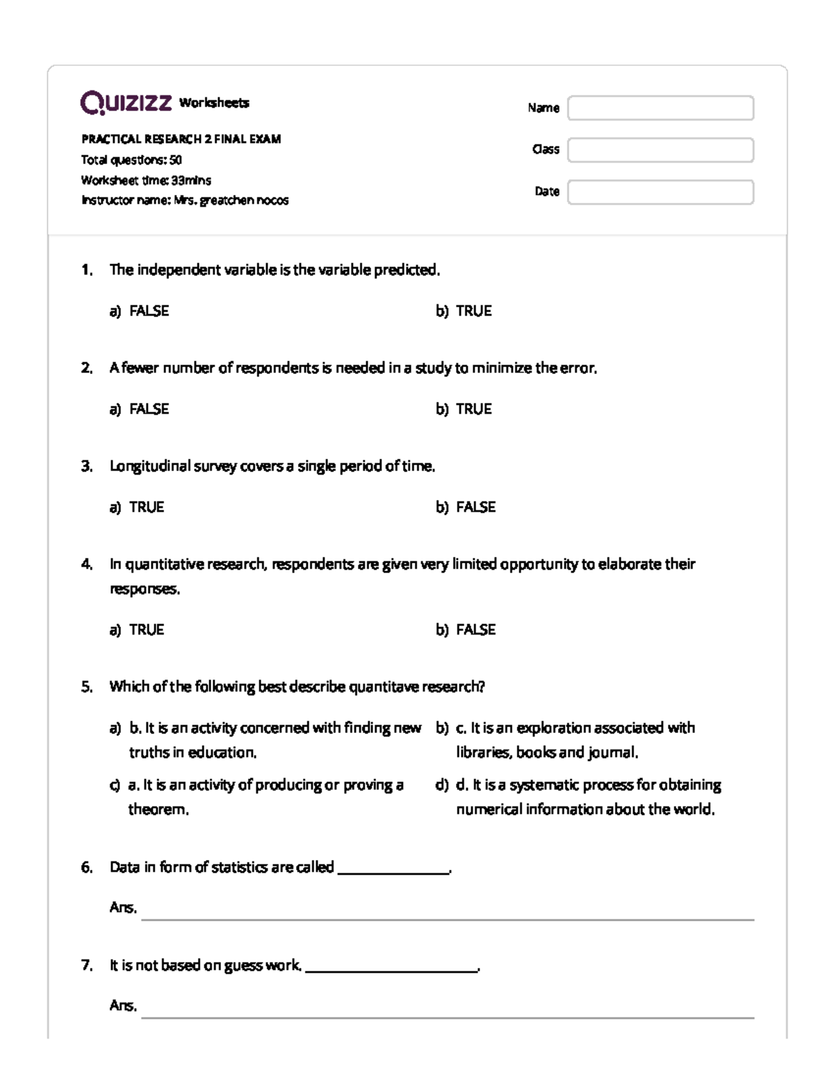 Practical Research 2 Final EXAM Quizizz - Worksheets PRACTICAL RESEARCH ...