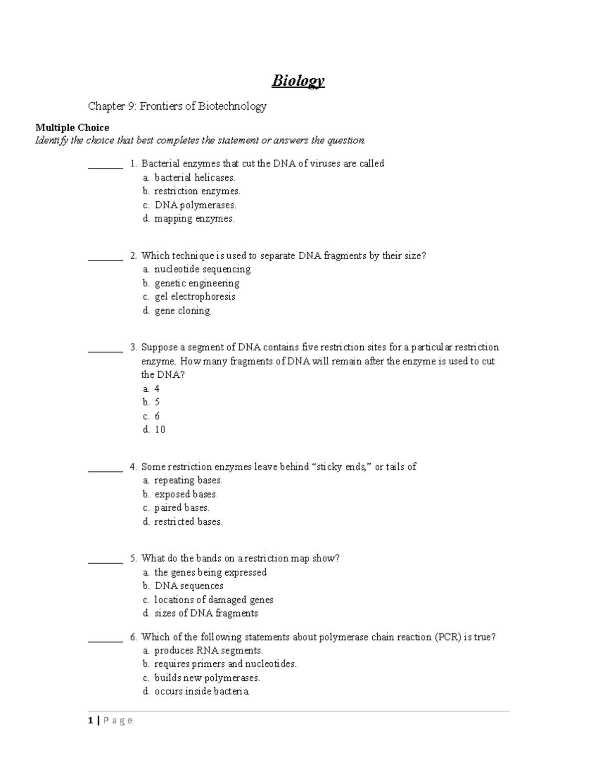 Biology Chapter 9 Test + Answer Key - Biology Chapter 9: Frontiers Of ...