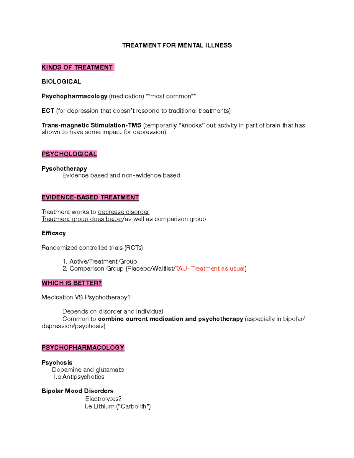 Treatment - Abnormal Psychology Lecture Notes - TREATMENT FOR MENTAL ...