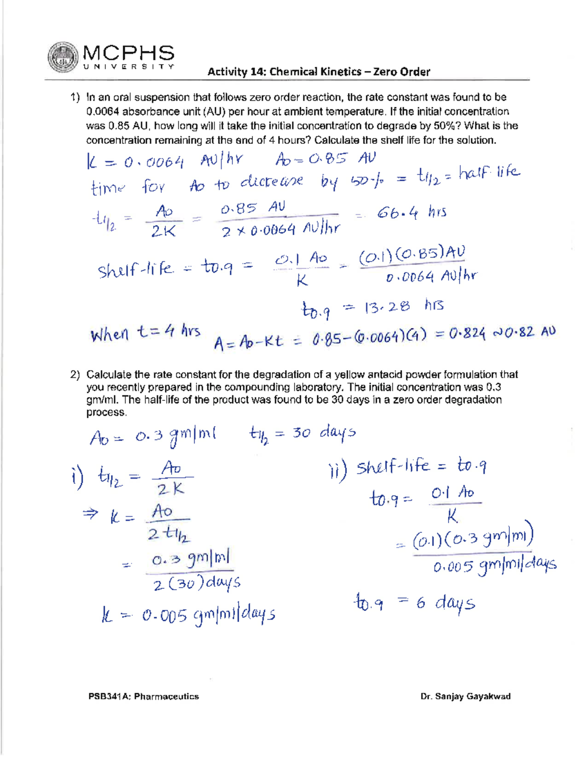 Activity 14 - Chemical Kinetics Zero Order Answers - Nur 304 - Studocu