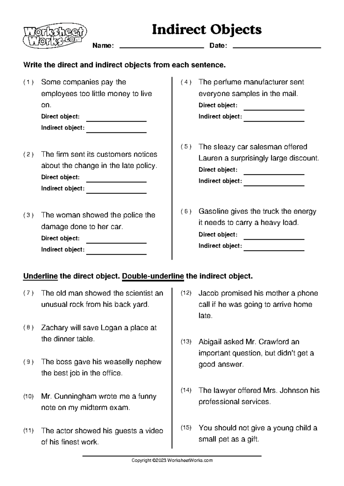 Worksheet Works Indirect Objects 1 - Indirect Objects Name: Date ...