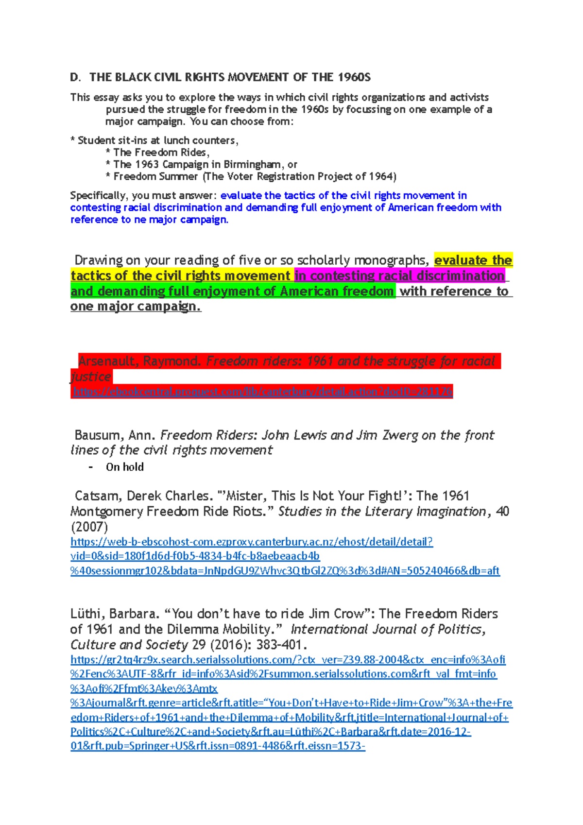Civil Rights movement - Lecture notes 10 - D. THE BLACK CIVIL RIGHTS ...