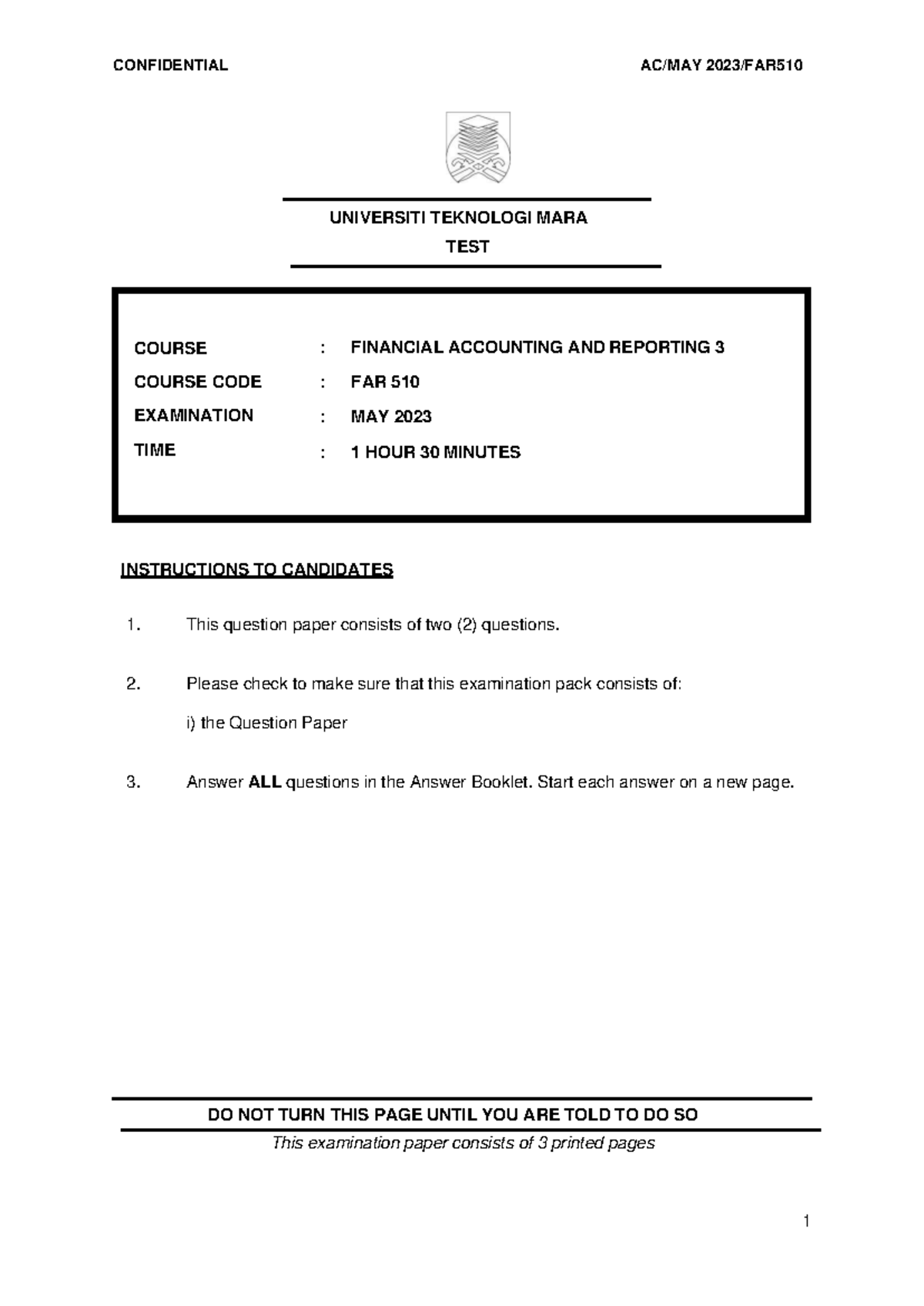 FAR TEST MAY 2023 - Question - UNIVERSITI TEKNOLOGI MARA TEST ...