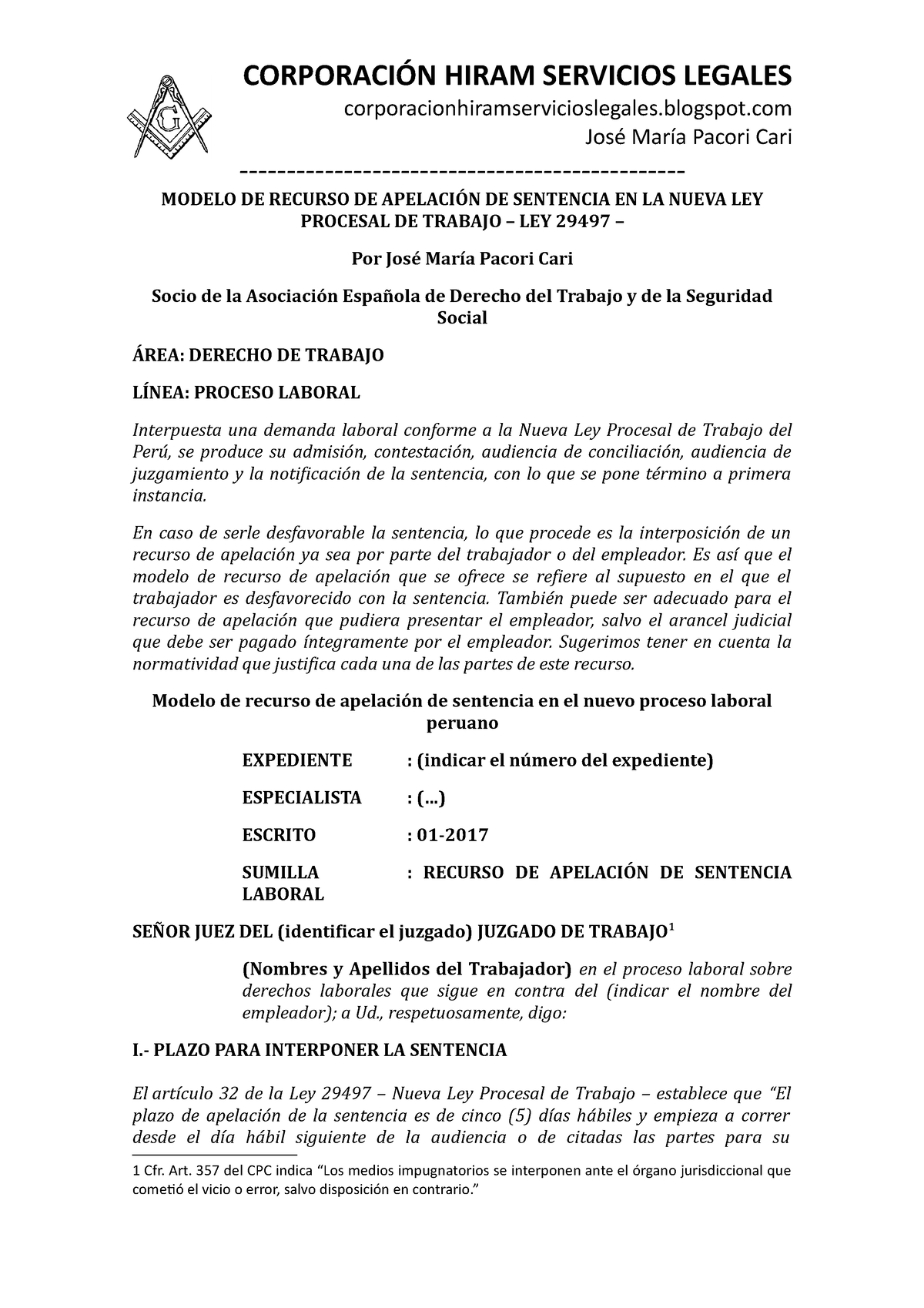 Modelo DE Recurso DE Apelación DE Sentencia EN LA Nueva LEY Procesal DE  Trabajo Autor José María - Studocu