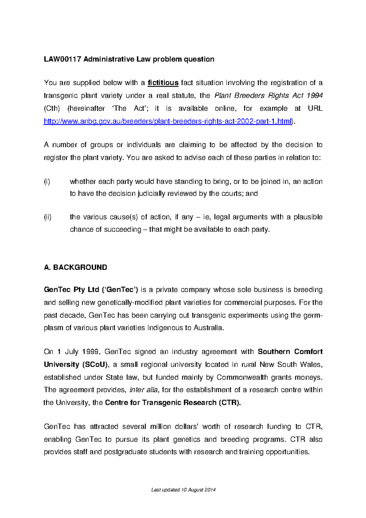 Sample/practice exam 10 October 2016, questions - LAW00117 ...