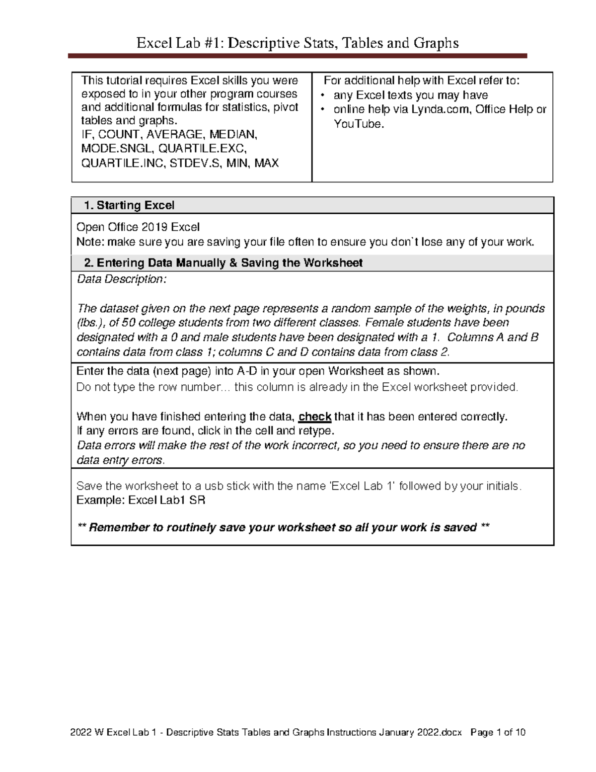 Excel Lab 1 Descriptive Stats Tables and Graphs Instructions June