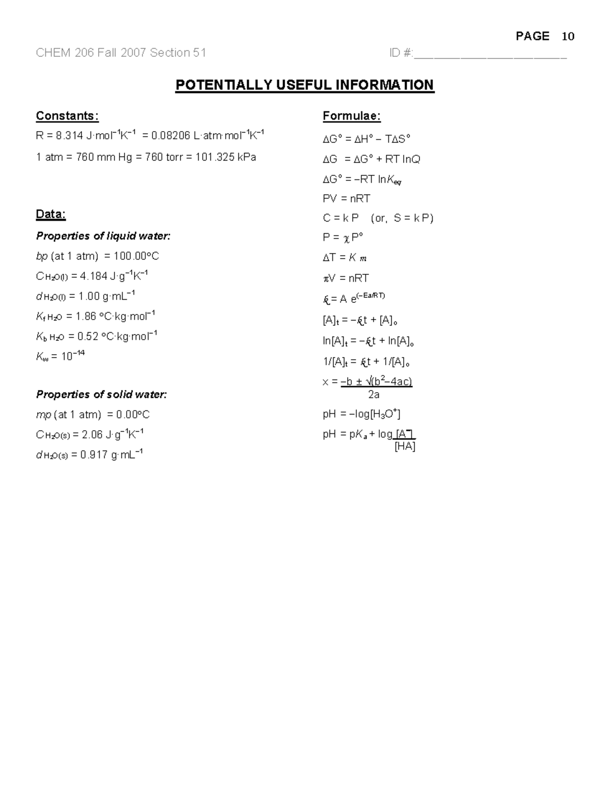 206 Final practice formula sheet - PAGE CHEM 206 Fall 2007 Section 51 ...