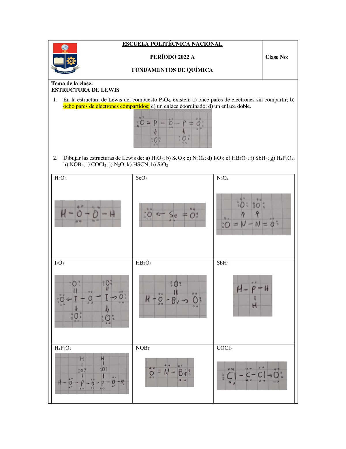 Unidad 3 Estructura de Lewis Ejercicios Propuestos - ESCUELA POLITÉCNICA  NACIONAL PERÍODO 2022 A - Studocu