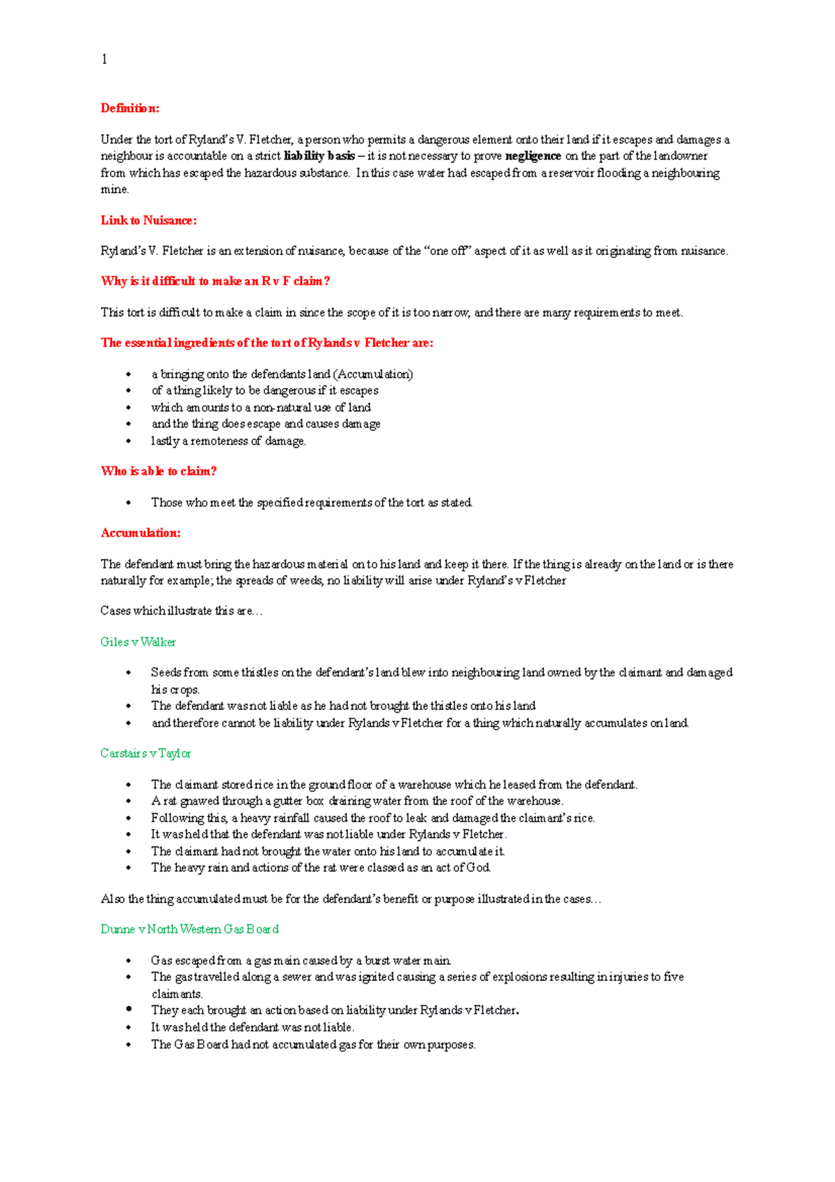 Rylands v Fletcher Summary Law 1 Definition Under the tort of V