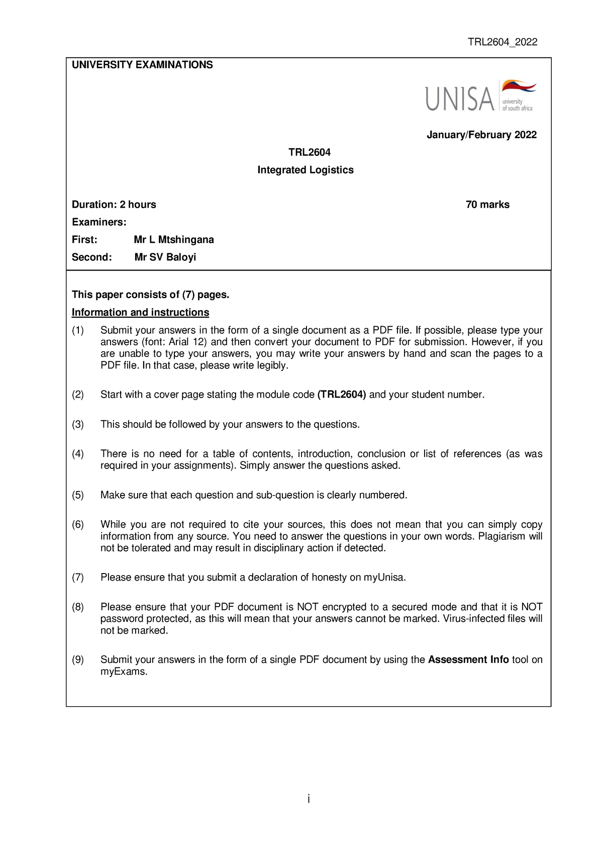 TRL2604 Examination Past Paper I UNIVERSITY EXAMINATIONS January   Thumb 1200 1697 