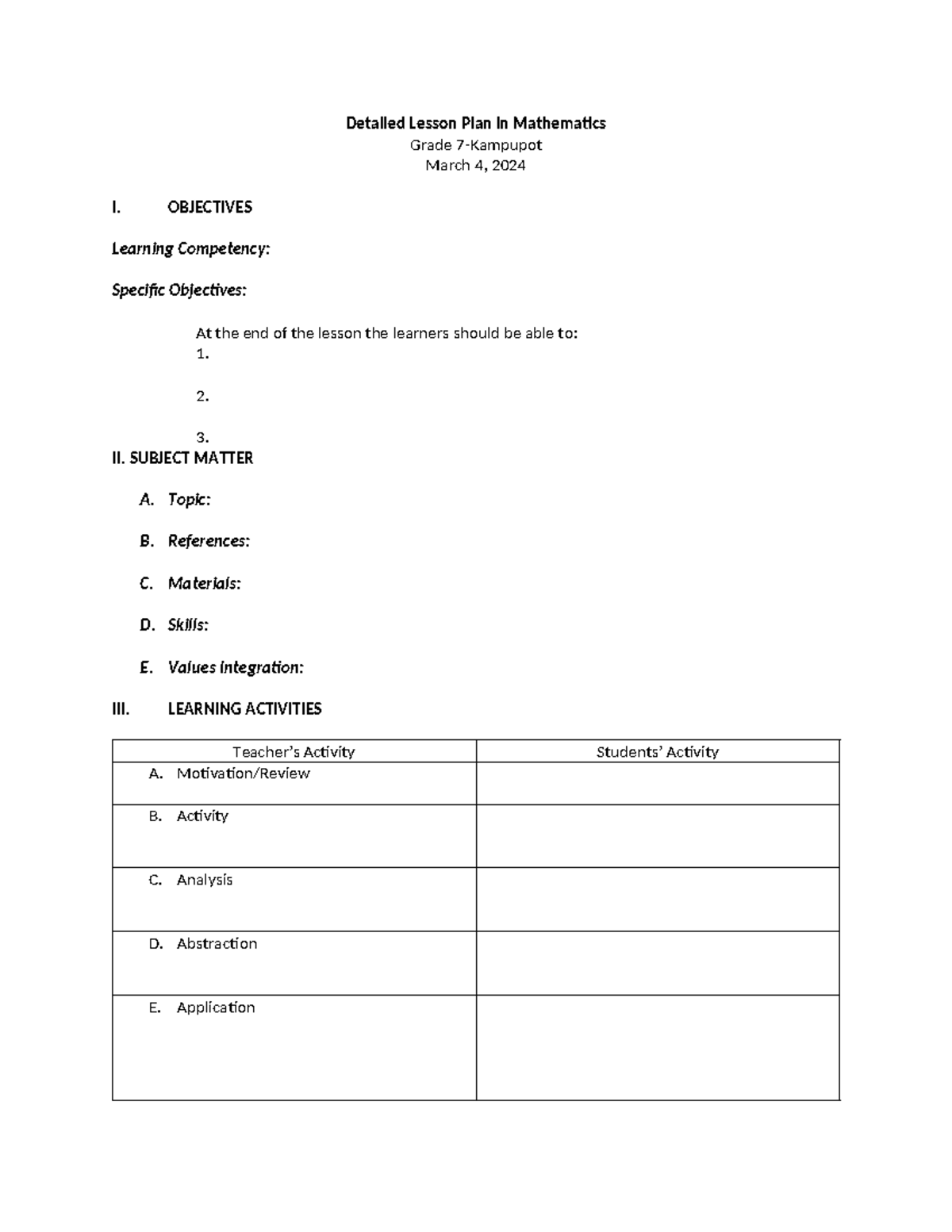 4As Lesson Plan Template - BSED Mathematics 3 - Detailed Lesson Plan In ...