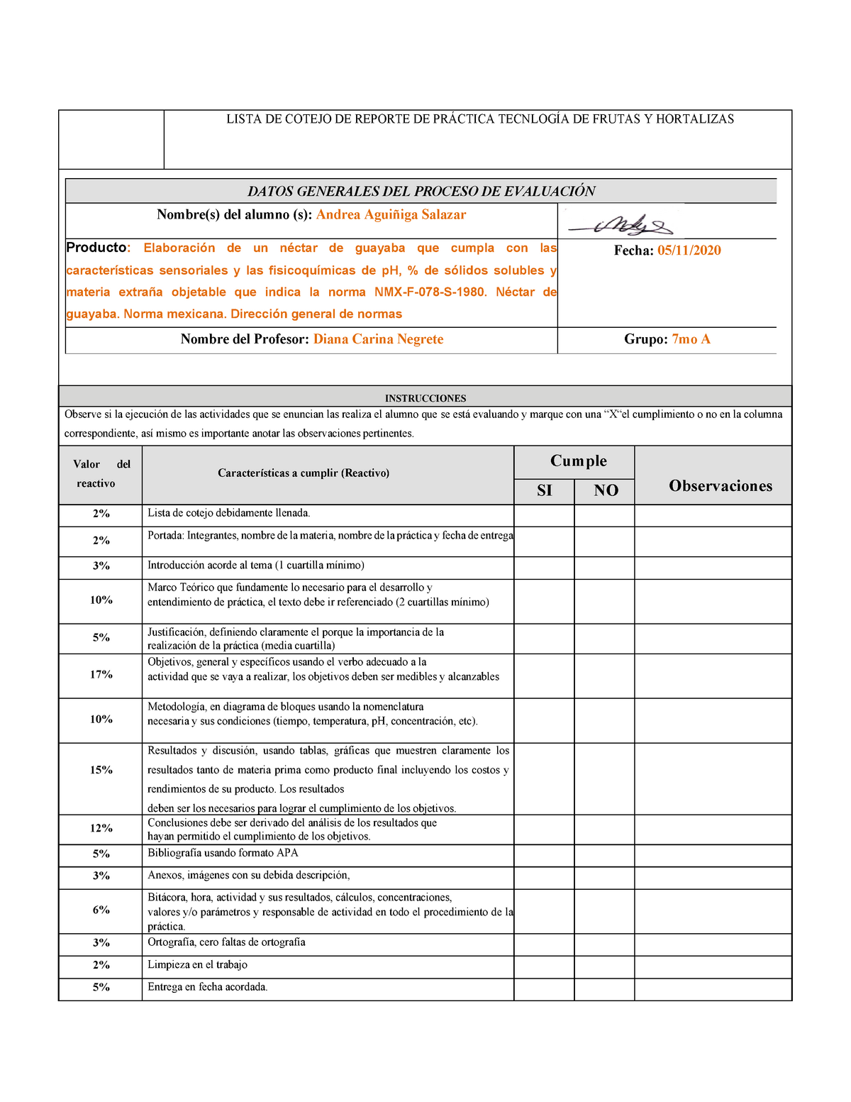 Practica 3 nectar de guayaba - Warning: TT: undefined function: 32 LISTA DE  COTEJO DE REPORTE DE - Studocu