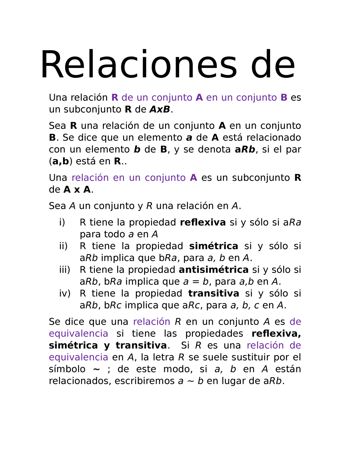 Relaciones De Conjuntos - Una Relación R De Un Conjunto A En Un ...