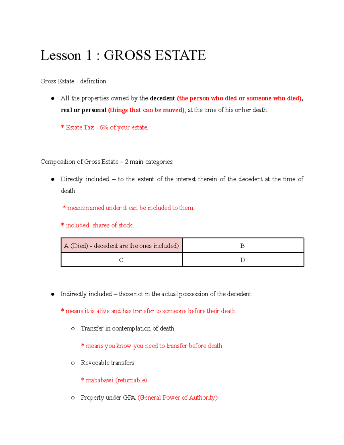 Batax 2 all about tax. Lesson 1 GROSS ESTATE Gross Estate