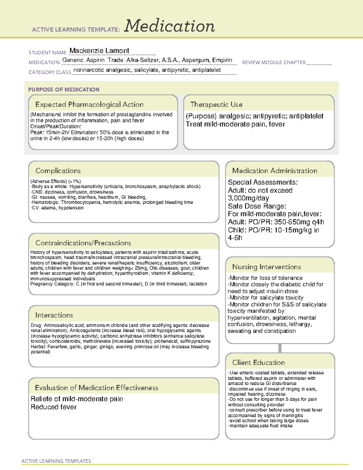 Aspirin, ASA med template ACTIVE LEARNING TEMPLATES Medication