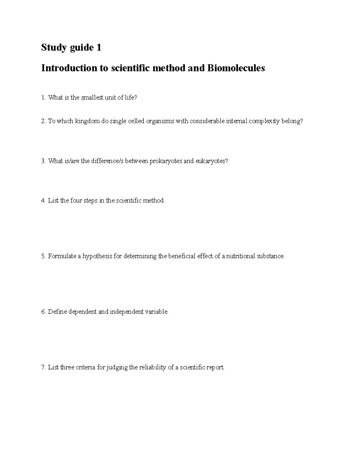 Bio 100L Study guide 1 - Bio 100l - Study guide 1 Introduction to ...