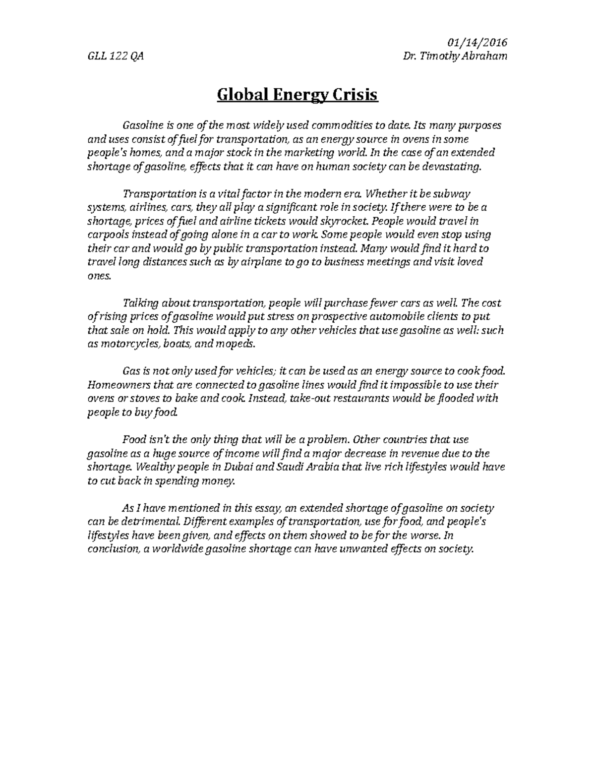 reasons for energy crisis essay