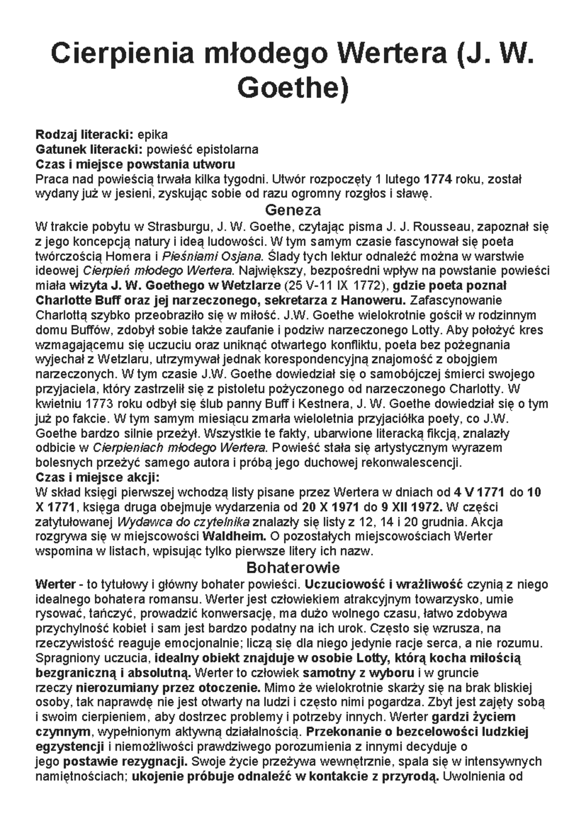 Cierpienia młodego Wertera - W. Goethe) Rodzaj literacki: epika Gatunek