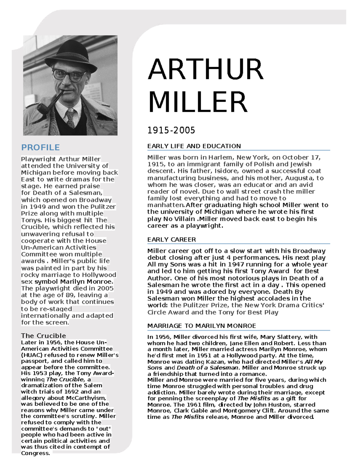 arthur miller biography questions