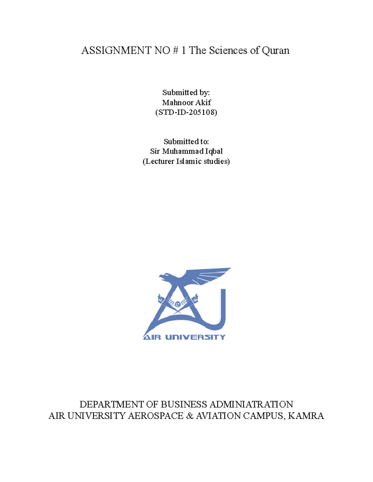 Sciences Of Quran Assignment No 1 The Sciences Of Quran Submitted