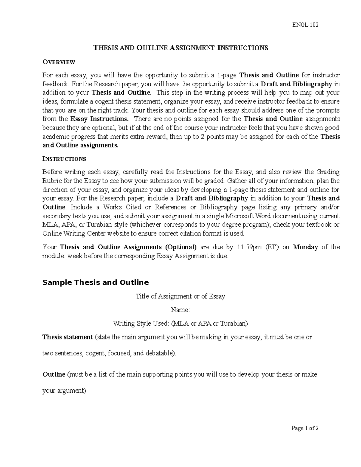 Thesis and Outline Assignment Instructions - ENGL 102 THESIS AND ...