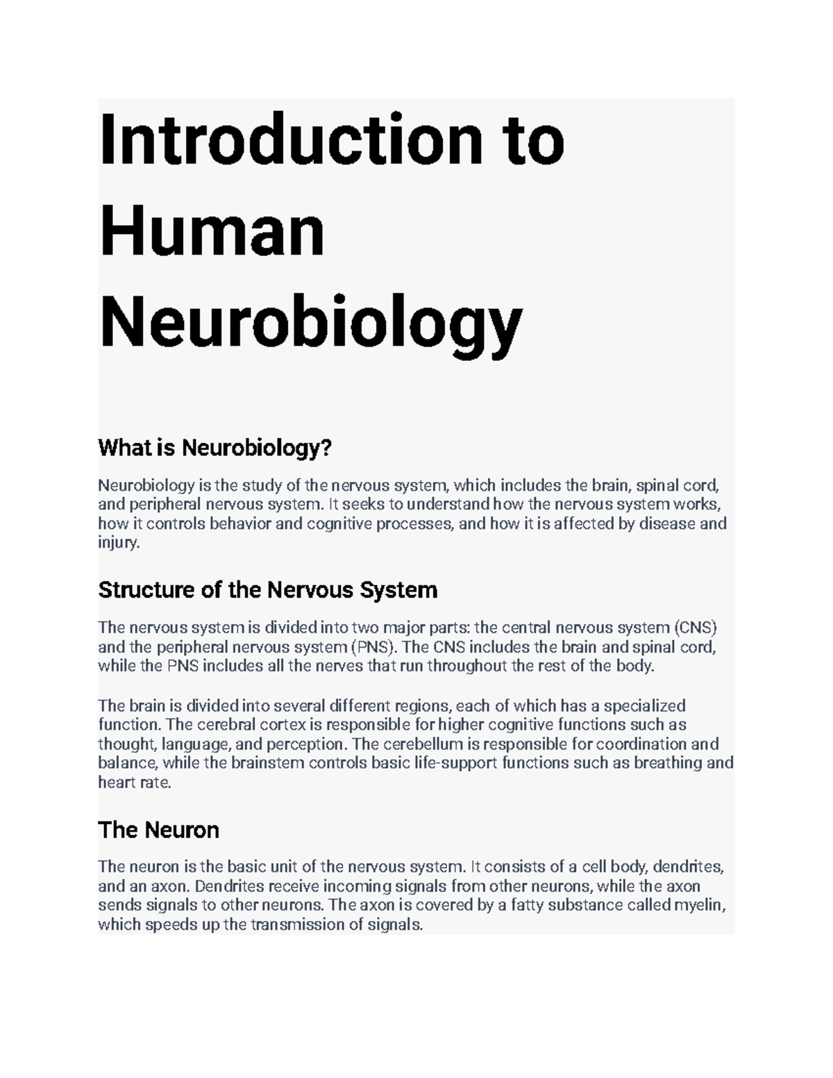 Human Neurobiology 1-2 - Introduction To Human Neurobiology What Is ...