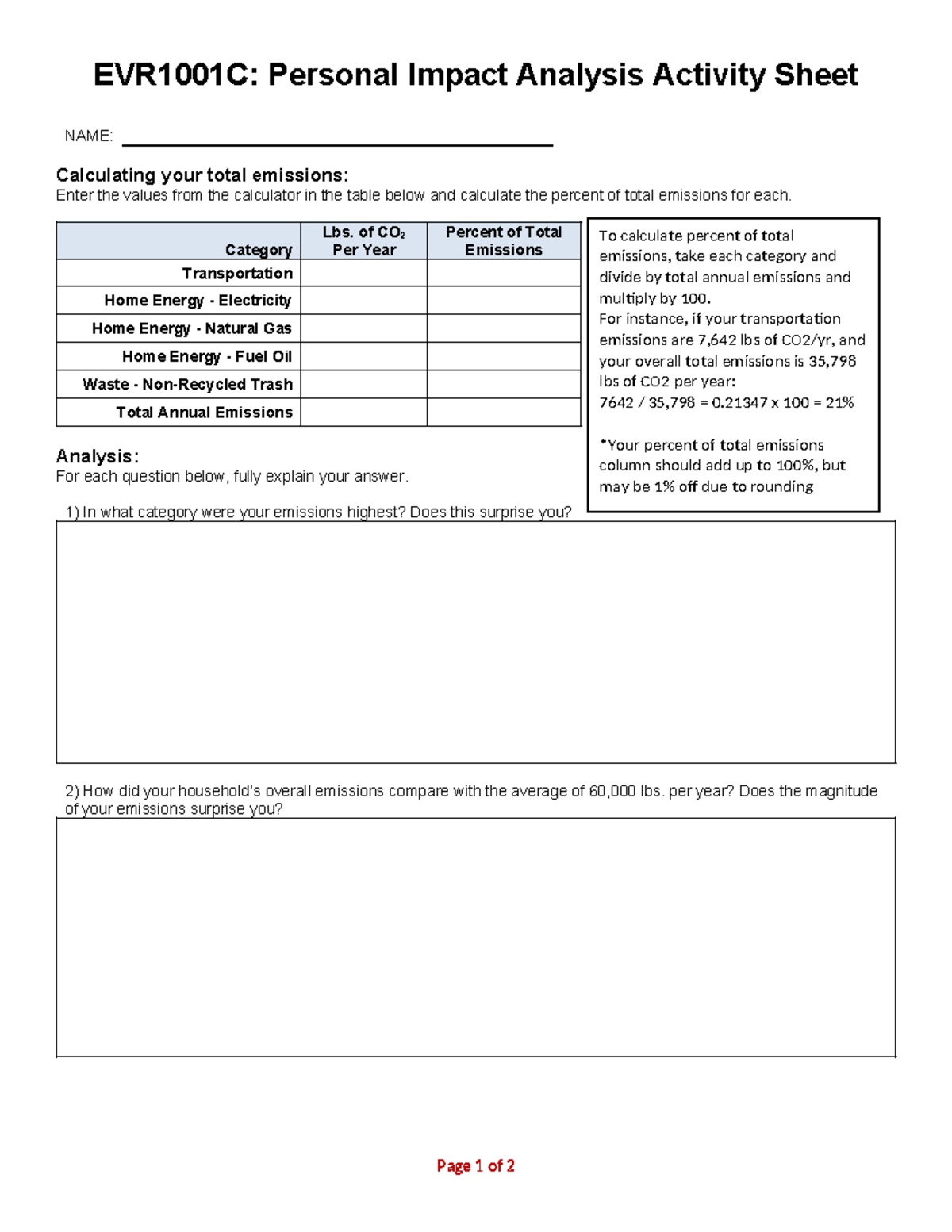 Personal impact analysis activity sheet - EVR1001C: Personal Impact ...