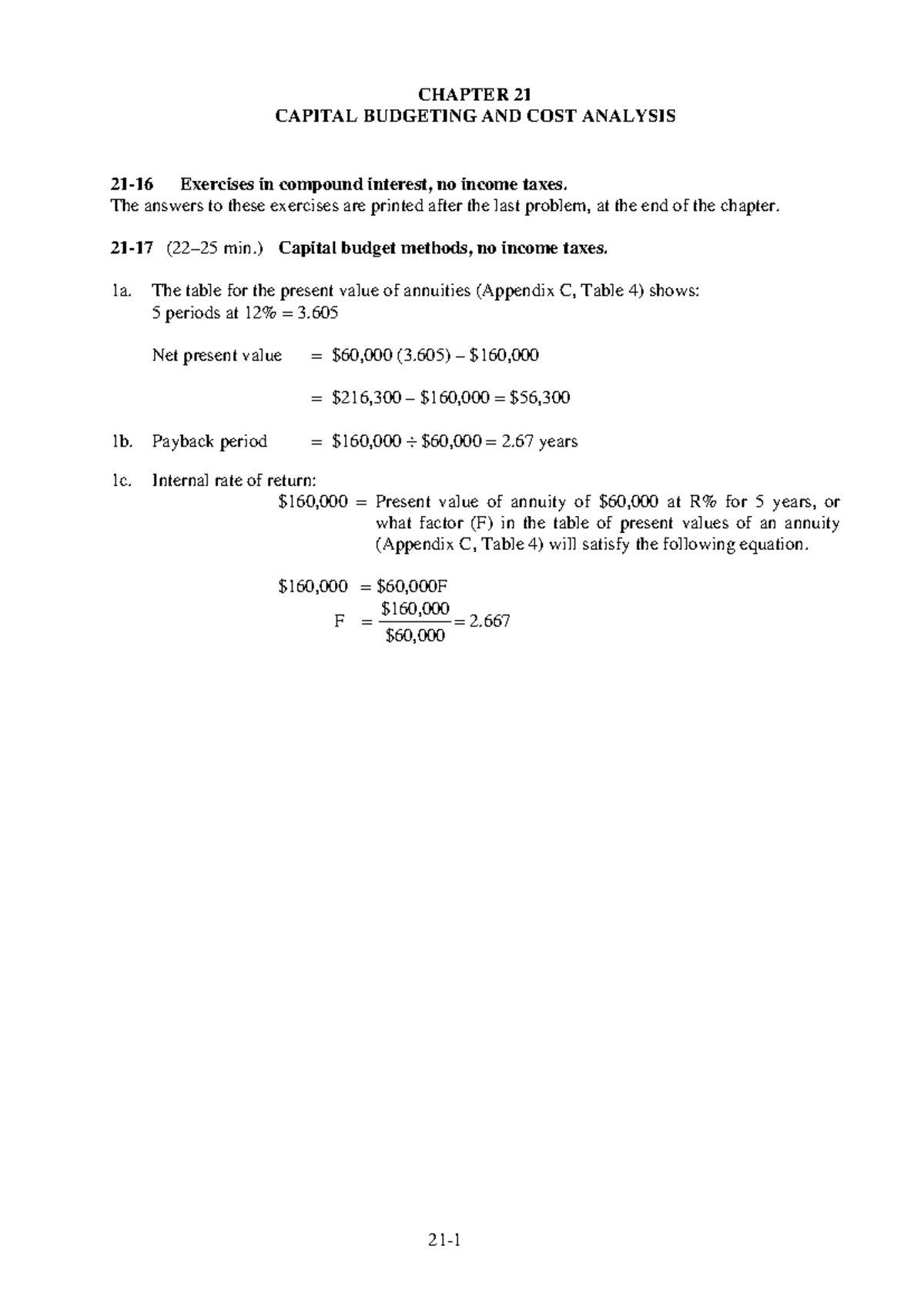 Solutions homework CH21 - CHAPTER 21 CAPITAL BUDGETING AND COST ...