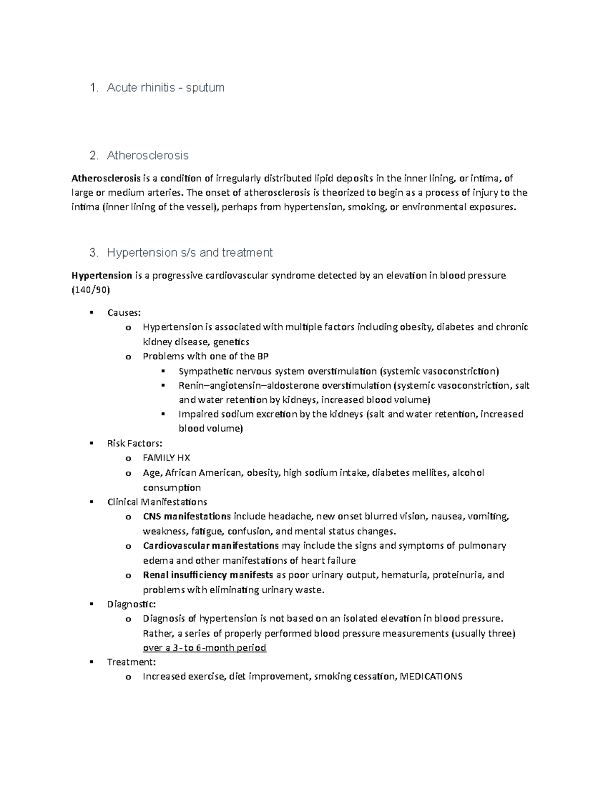 Patho Final Review - Test Guides - 1. Acute Rhinitis - Sputum 2 