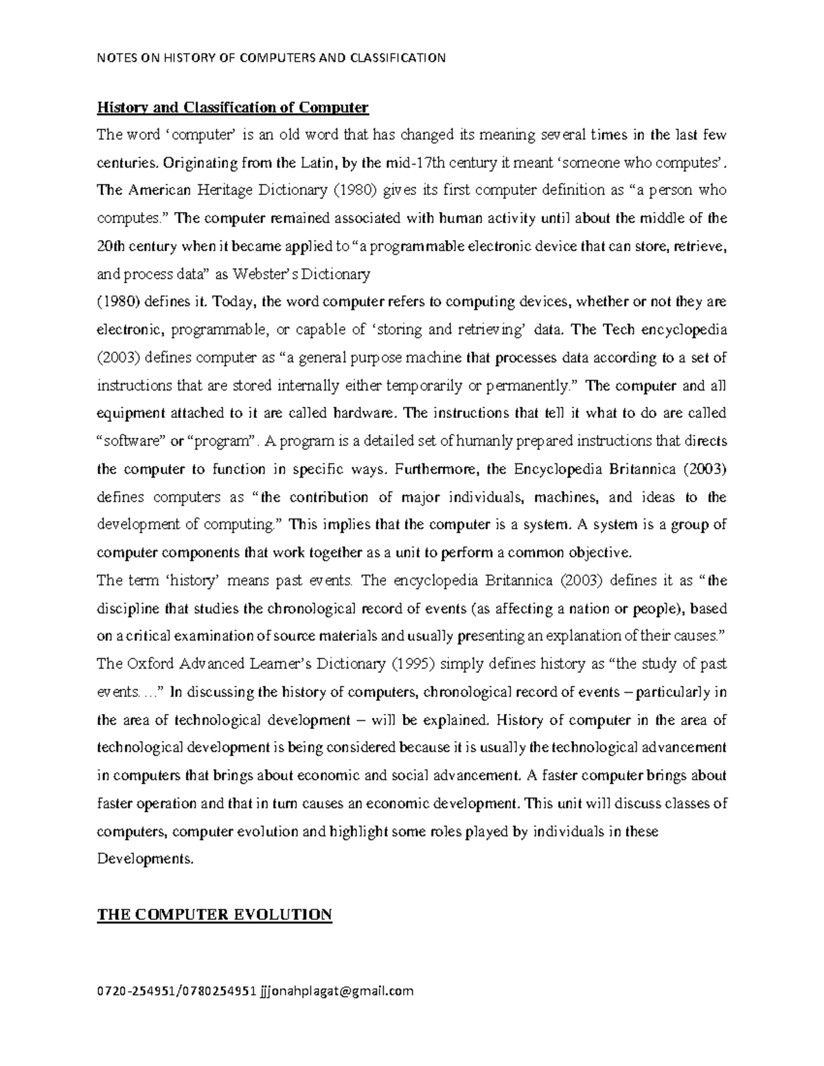 History and Classification of Computer 2024 notes - History and ...