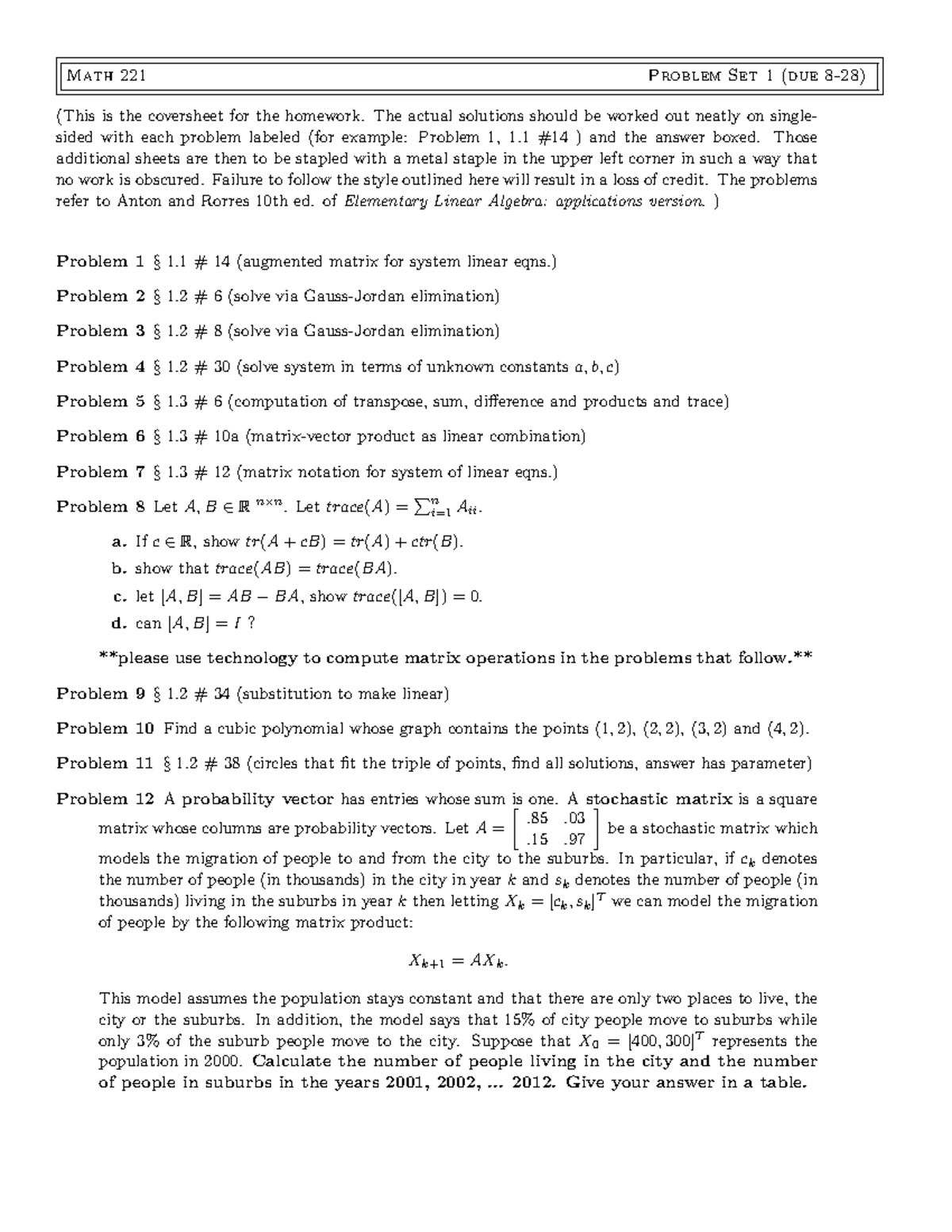 Seminar Assignments Homework 1 - Math 221 Problem Set 1 (due (This Is ...