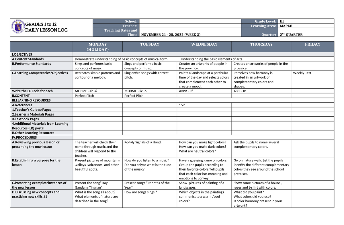 DLL Mapeh 3 Q2 W3 - for study purposes - GRADES 1 to 12 DAILY LESSON ...