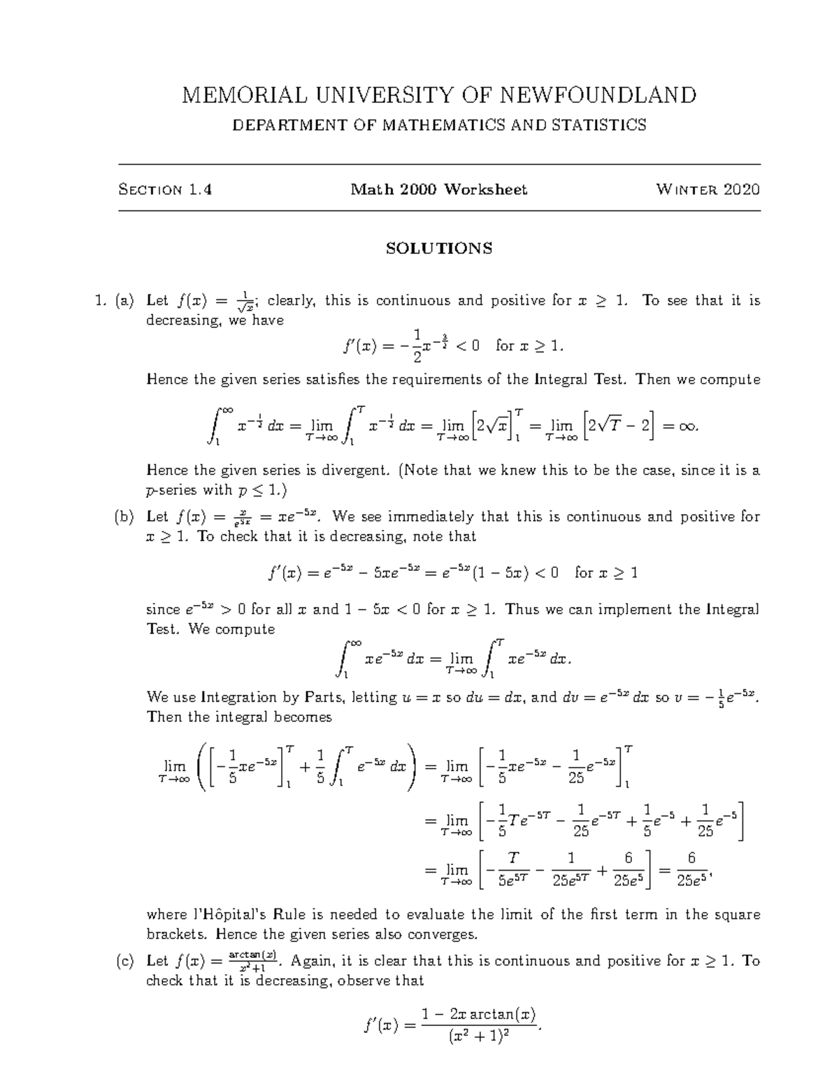 Soln1-4w - worksheet solutions - MEMORIAL UNIVERSITY OF NEWFOUNDLAND ...