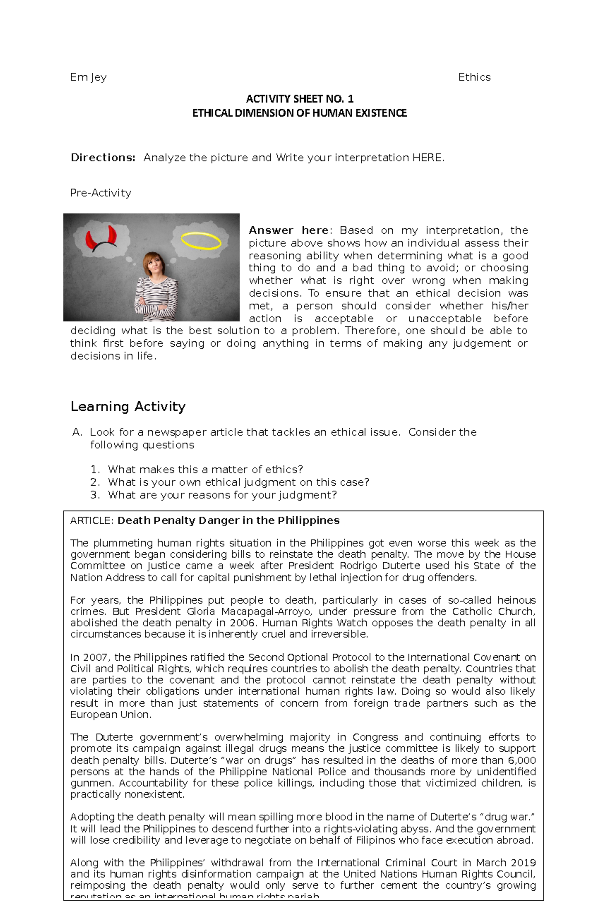 Ethics Activity Ethical Dimension Of Human Existence Em Jey Ethics Activity Sheet No 1