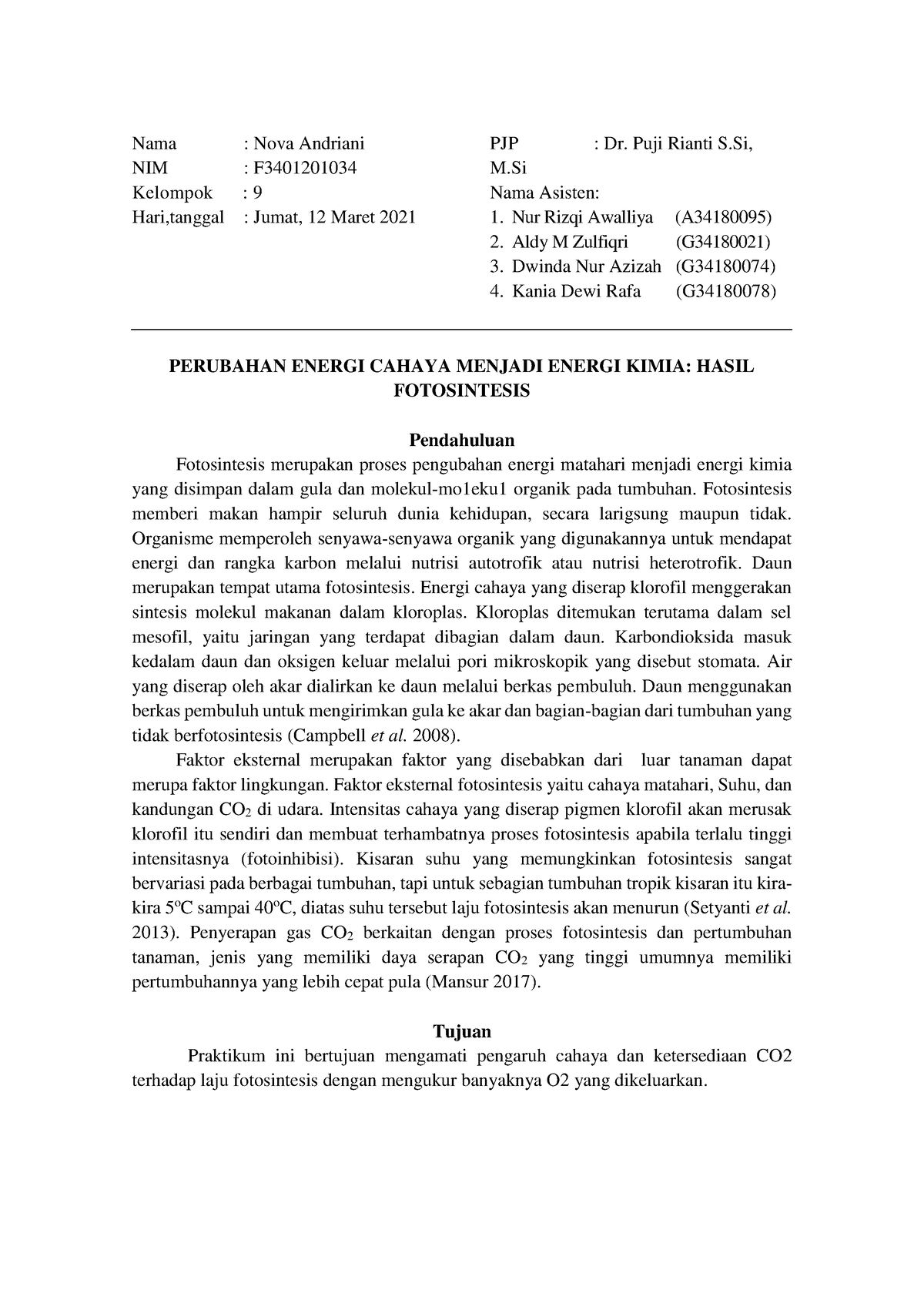 Laporan Praktikum Biologi Perubahan Energi Cahaya Menjadi Energi Kimia