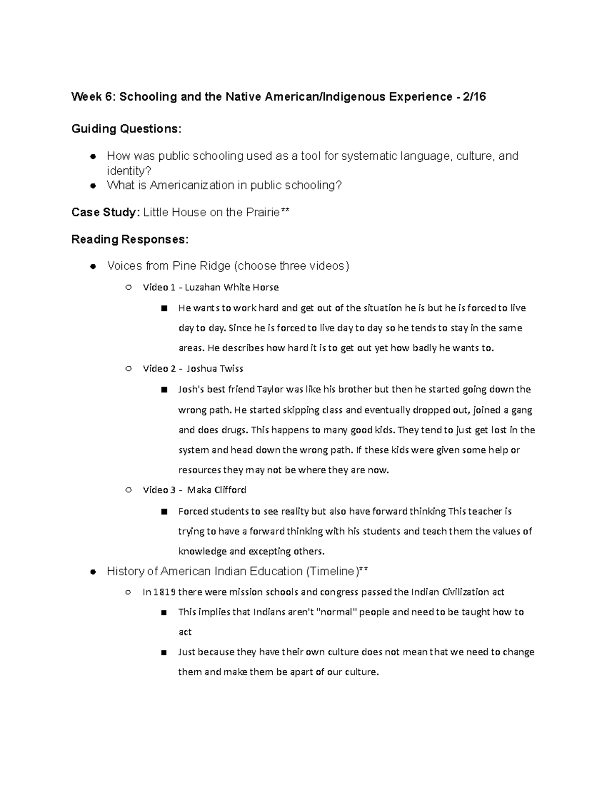 Week 6 - Reading Responses Week 6 - Week 6: Schooling And The Native ...