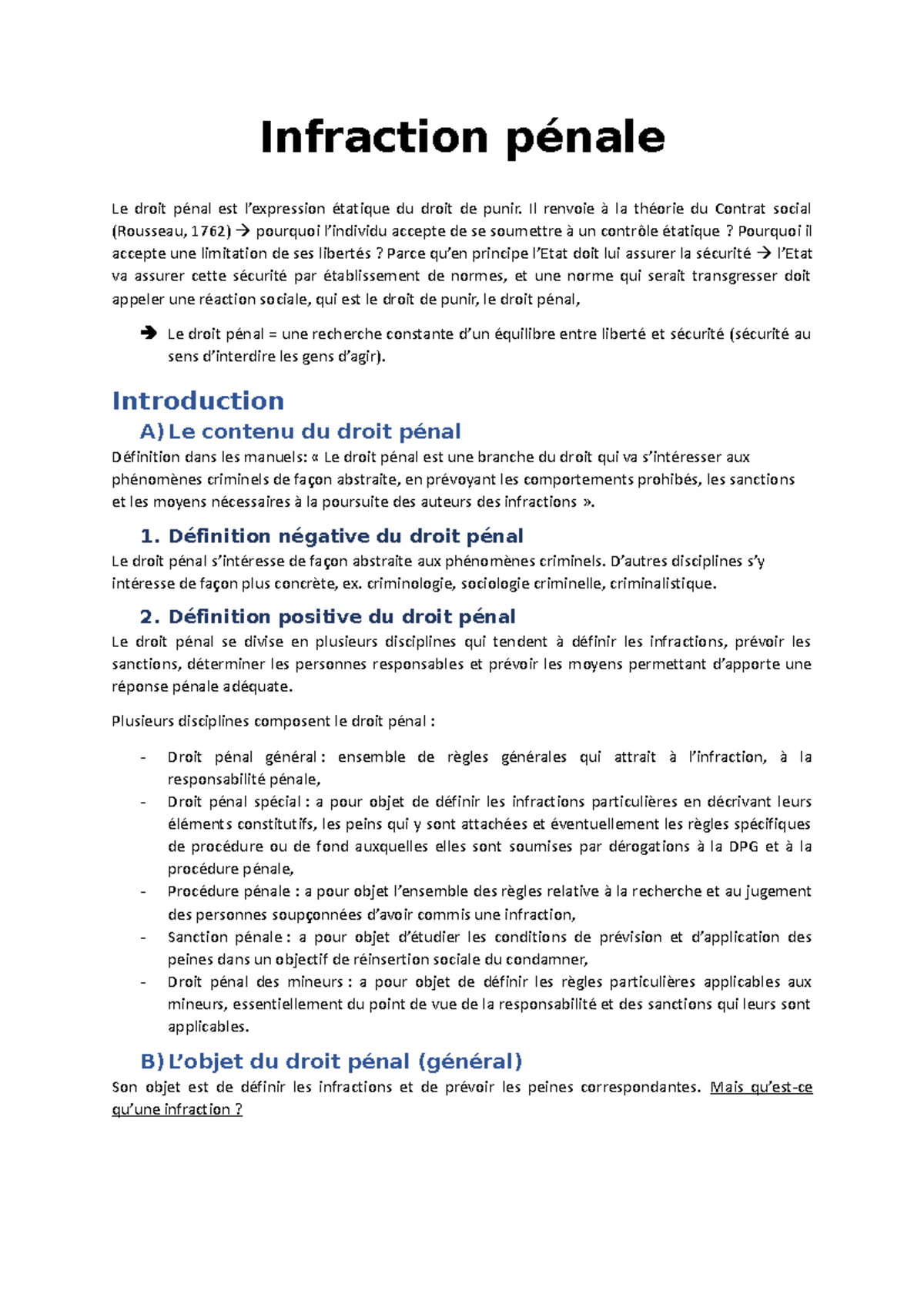 Fiches - Pas complet - Infraction pénale Le droit pénal est l ...