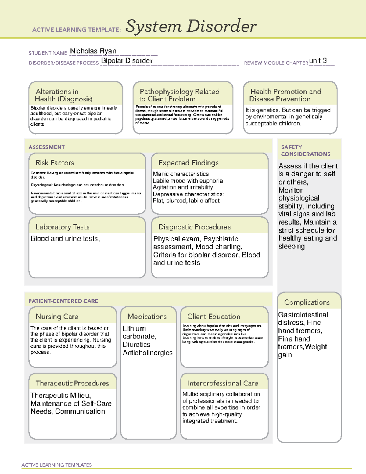system disorder template ACTIVE LEARNING TEMPLATES System Disorder