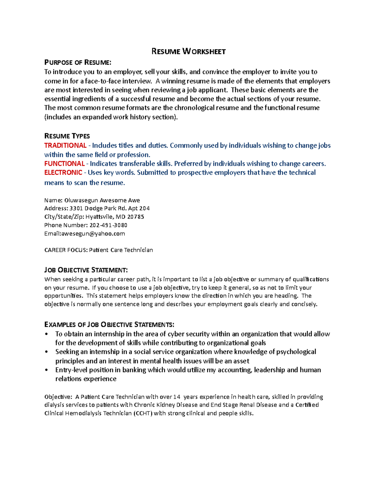 Hip Csit 101 Resume Assignment Student Worksheet Resume Worksheet Purpose Of Resume To Introduce Studocu
